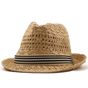 Breathable handmade straw fedora hat with black and white striped decorative band