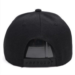 Classic black snapback hat with adjustable plastic strap and flat brim design