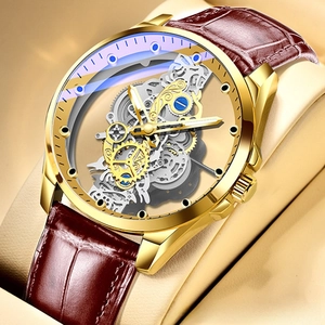 Macro shot of gold mechanical skeleton watch dial with leather strap and blue film glass