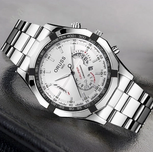 Detailed close-up of ORUSS silver stainless steel watch with tachymeter and chronograph