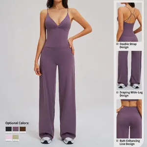 Ensemble de yoga lavande pour femme avec débardeur à bretelles croisées et pantalon large