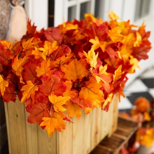 Artificial maple leaves in wooden box for autumn farmhouse table centerpieces