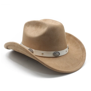 Detail of western cowboy hat featuring white leather band and vintage metal studs