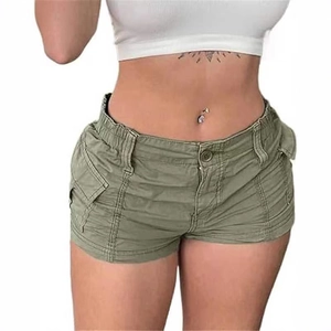 Women's slim-fit army green cargo denim shorts with side flap pockets and button closure