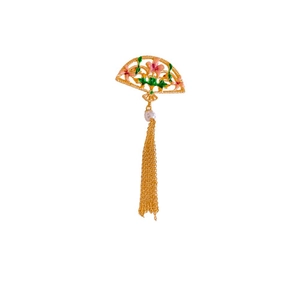 Elegant 18K gold plated fan brooch with enamel flowers, pearls, and tassel detail