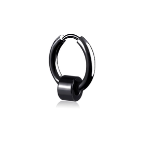 Minimalist black stainless steel hoop earring with a sliding cylindrical bead for unisex wear