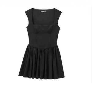 Abito Mini Senza Maniche Scollo Quadrato Gonna A Pieghe Svasata Nero Poliestere Elegante Retrò Corpetto Aderente Cerniera