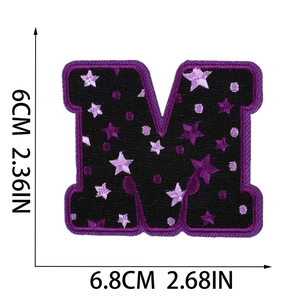 Detailed size chart of Halloween embroidered letter M patch with purple star and measurements