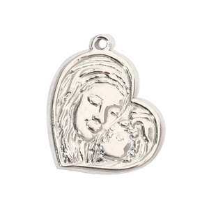 Close-up of heart-shaped stainless steel pendant with mother and child relief