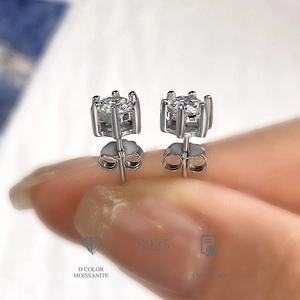 Macro detail of D color moissanite stud earring with S925 sterling silver stamp
