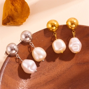 Stainless Steel Artificial Baroque Pearl Drop Earrings 18K Gold Plated Ball Post Minimalist Elegant Tarnish Free Jewelry For Women