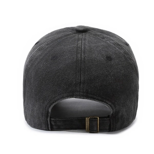 Washed black baseball cap back view with adjustable vintage bronze metal buckle strap