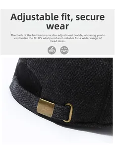Close-up of adjustable metal buckle on dark wool baseball cap for personalized fit