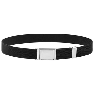 Adjustable black elastic kids belt with silver magnetic buckle on white background