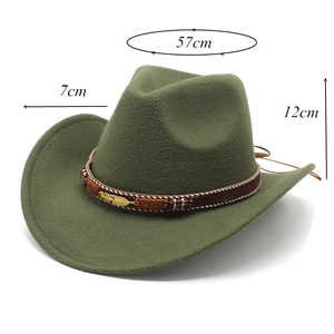 Detail view of military green wool fedora with metal feather and 57cm size specs