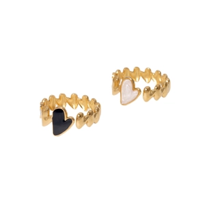 Adjustable golden heart rings in black and white styles on a clean white background