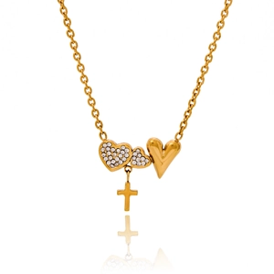Minimalist gold heart pendant necklace with shimmering crystals and a cross charm