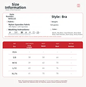 Size chart and fabric specs for yoga top with polyamide and elastane details
