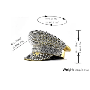 Detail view of gold captain hat with silver studs and dimensions for festival party