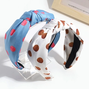 Fashionable wide knotted headbands with soccer and basketball patterns in blue and white