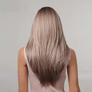 Detailed back view of long straight ombre synthetic wig with natural layered V-cut ends