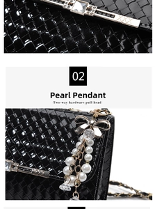Detail showing glossy woven texture, pearl butterfly charm and gold chain strap of the bag