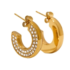 Vintage gold-plated C-shaped earrings with multiple rows of sparkling rhinestones