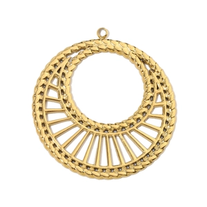 Macro shot of gold hollow geometric fan-shaped pendant with hammered texture detail