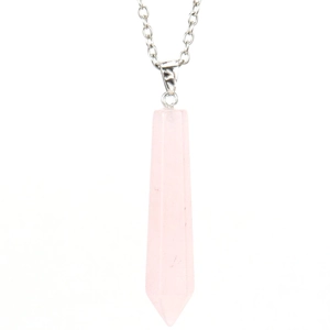 Detail shot of a hexagonal rose quartz crystal pendant with a polished silver chain