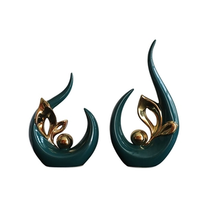 Modern abstract green ceramic flame statues with golden accents for luxury home decor