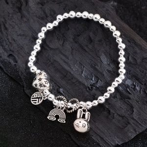 Elegant Copper Beaded Bracelet For Women Silver Plated Heart Rabbit Rainbow Pendant Chic Minimalist Fashion Jewelry Gift