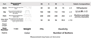 Detailed size chart and fabric care instructions for 100% polyester skirt in various sizes