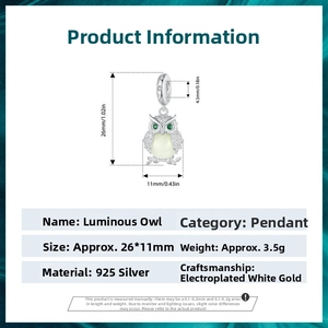 Luminous 925 sterling silver owl charm pendant with green eyes and detailed size measurements