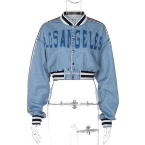 Detail of Los Angeles printed light blue denim jacket with ribbed collar and cuffs