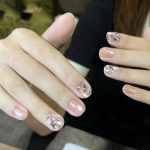 Cat Eye Press On Nails Sweet Pink Short Square Fake Nails With Rhinestone Butterfly Glitter For Women Elegant