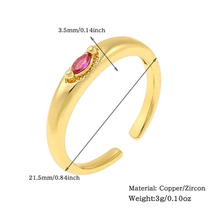 Detail showing 18K gold plated copper ring with marquise cut pink zircon and measurements