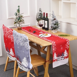 Detailed Christmas table runner and gnome chair covers set for festive dining decoration