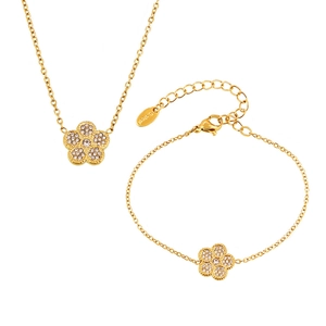 Gold-plated stainless steel five-petal flower necklace and bracelet set with zircons