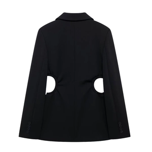 Women's black commuter blazer with waist cut-outs and sleeve buttons back view