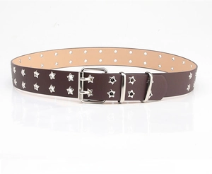Detail view of dark brown belt with double-row star eyelets and silver twin-pin buckle