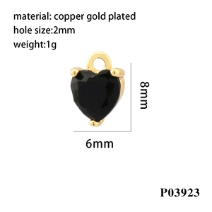 18K gold plated heart charm with black faceted zircon for DIY jewelry bracelets