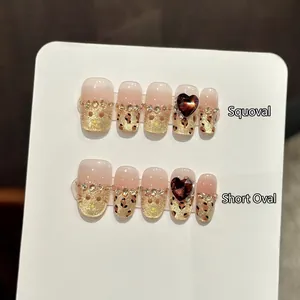 Leopard Print Press On Nails Gold Glitter Red Heart 3D Decor Handmade Resin False Nails Fashionable Manicure Accessory