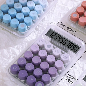 Top view of colorful desktop calculators with large round buttons and dimensions 150mm x 95mm