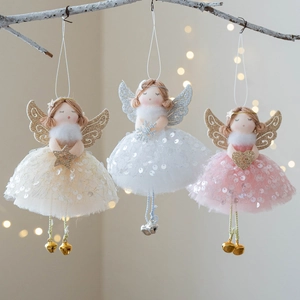 Christmas Angel Plush Girl Hanging Ornament Sequin Mesh Skirt With Wings Bells For Xmas Holiday Party Home Decoration