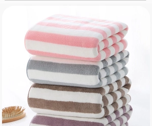 Thickened coral fleece bath towel set in pink, grey, coffee and purple stripes