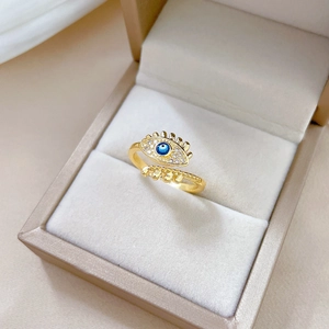 Luxury gold adjustable open ring with evil eye blue and white zircon stones in gift box