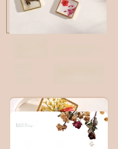 Macro detail of square resin pendant with red dried flowers and vintage alloy frame