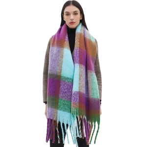 Thick winter oversized plaid scarf for women with colorful fringe and woolly texture