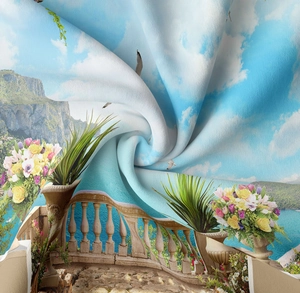 Detailed macro view of high-quality smooth fabric with Mediterranean landscape ocean print