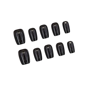 Glossy black minimalist press-on nails set with ten different sizes on white background